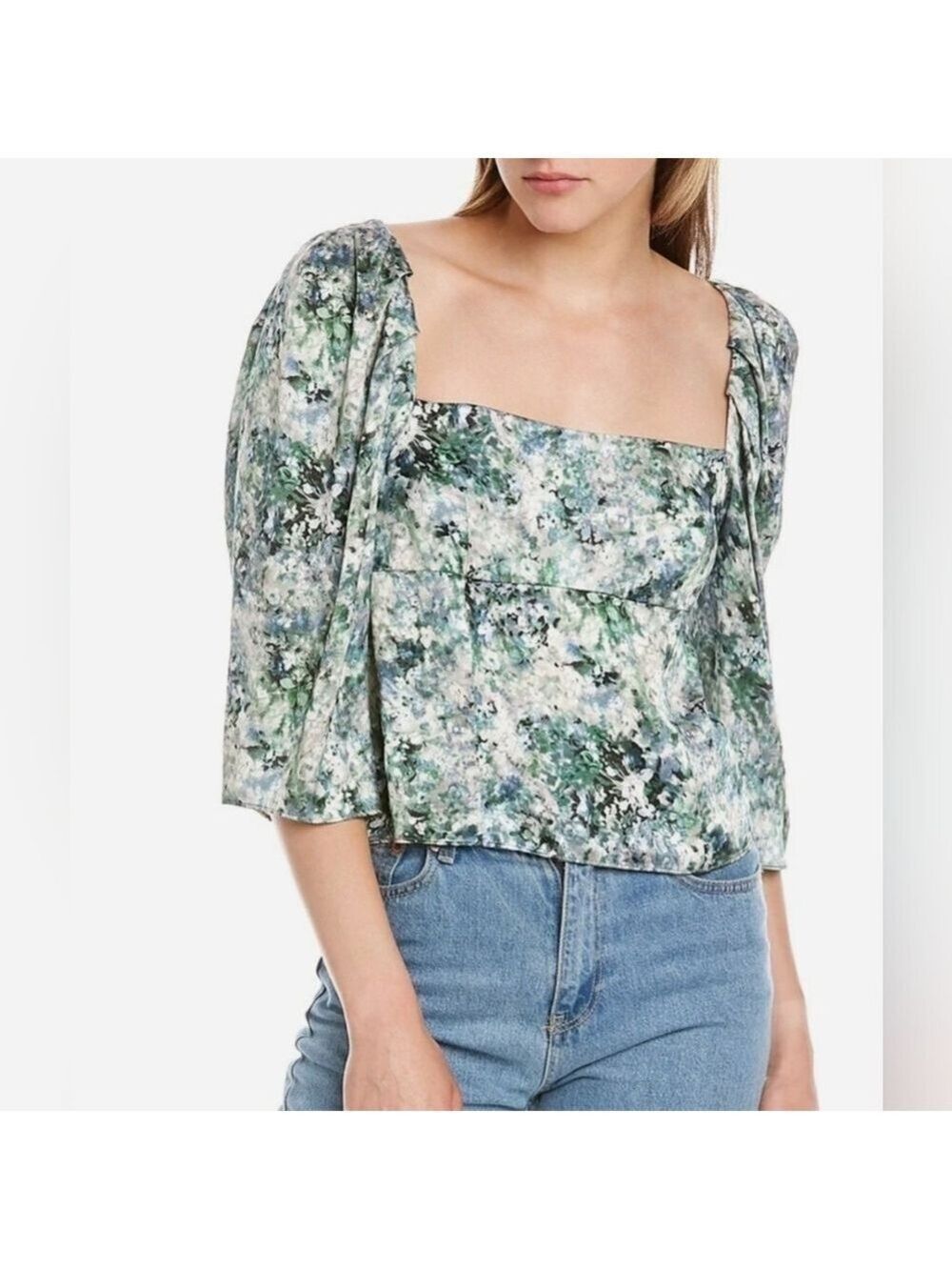 Vince Women's Painted Floral Draped Long Sleeve Square Neck Top Size 4 - New